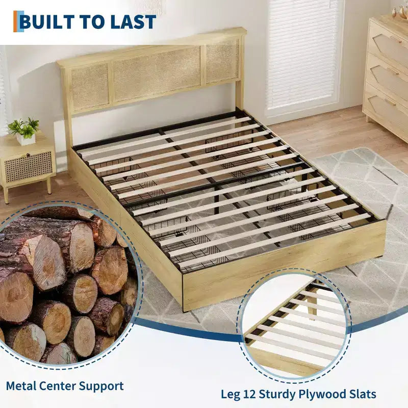 Cadre de lit avec tête de lit en rotin naturel, 4 tiroirs de rangement, sommier à lattes, support de matelas en canne style bohème, base métallique robuste avec bois résistant