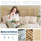 Cadre de lit avec tête de lit en rotin naturel, 4 tiroirs de rangement, sommier à lattes, support de matelas en canne style bohème, base métallique robuste avec bois résistant