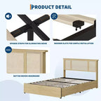 Cadre de lit avec tête de lit en rotin naturel, 4 tiroirs de rangement, sommier à lattes, support de matelas en canne style bohème, base métallique robuste avec bois résistant