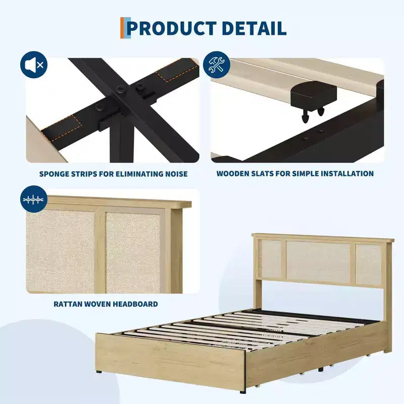 Cadre de lit avec tête de lit en rotin naturel, 4 tiroirs de rangement, sommier à lattes, support de matelas en canne style bohème, base métallique robuste avec bois résistant