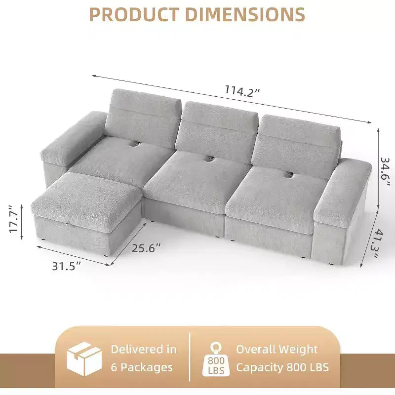 Canapé modulaire MooxvMoo 114 avec rangement, garni de duvet, en forme de L avec dossier réglable, canapés pour salon, appartement, gris
