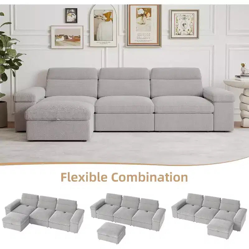 Canapé modulaire MooxvMoo 114 avec rangement, garni de duvet, en forme de L avec dossier réglable, canapés pour salon, appartement, gris