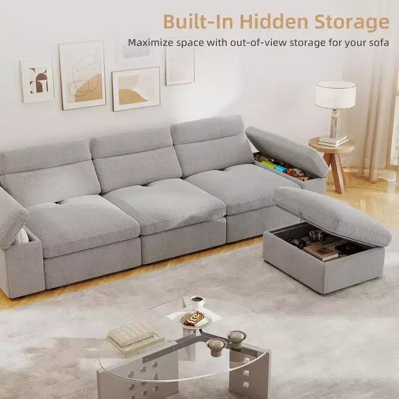 Canapé modulaire MooxvMoo 114 avec rangement, garni de duvet, en forme de L avec dossier réglable, canapés pour salon, appartement, gris