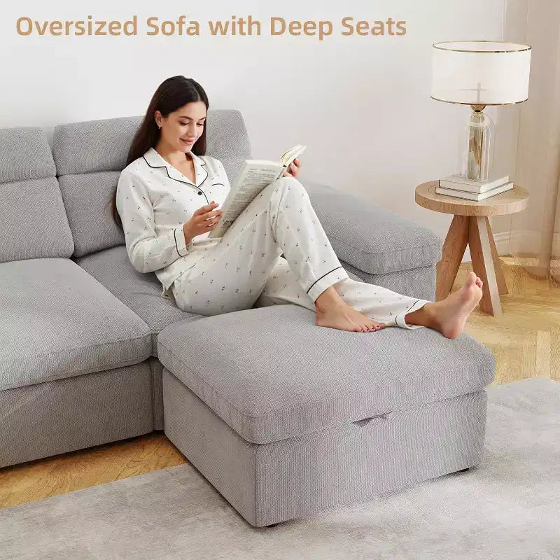Canapé modulaire MooxvMoo 114 avec rangement, garni de duvet, en forme de L avec dossier réglable, canapés pour salon, appartement, gris