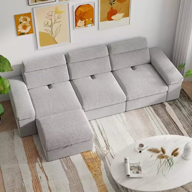 Canapé modulaire MooxvMoo 114 avec rangement, garni de duvet, en forme de L avec dossier réglable, canapés pour salon, appartement, gris