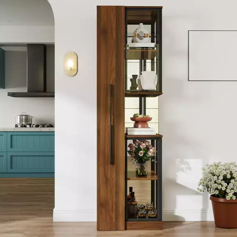 Vitrine haute de 178 cm avec porte en verre, étagère de rangement à 5 niveaux en bois, bibliothèque autoportante pour maison ou bureau