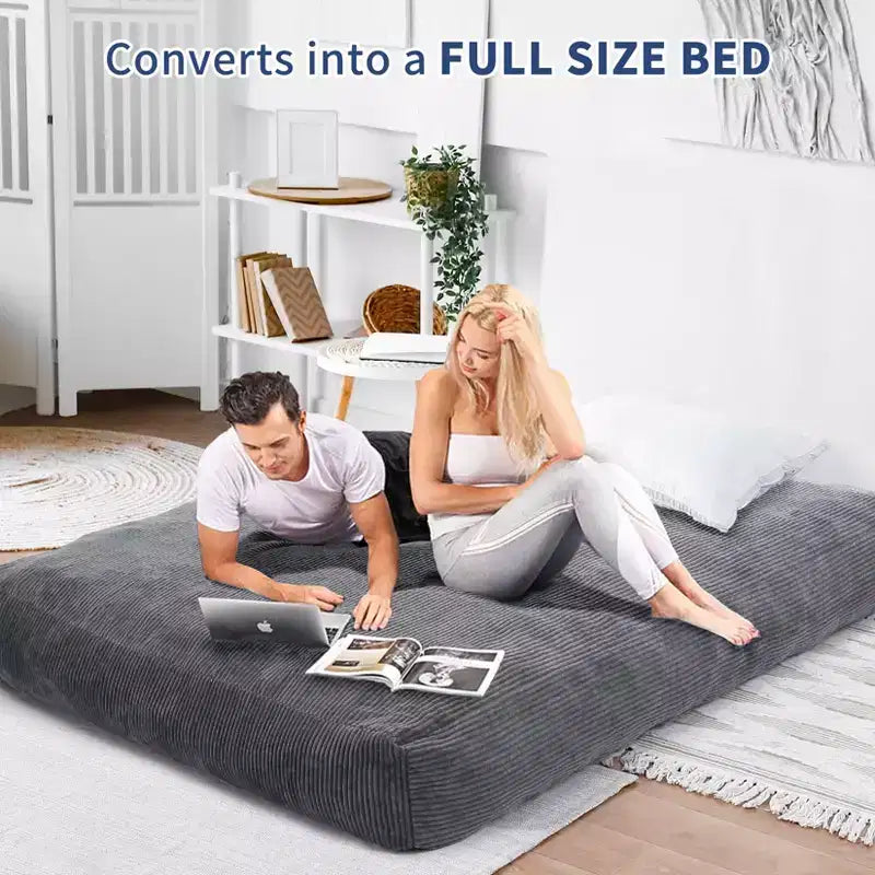 COZONY Lit convertible en pouf, canapé-lit de sol 2-en-1 en velours côtelé et matelas d'appoint avec housse amovible