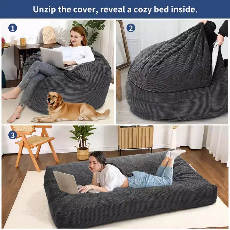 COZONY Lit convertible en pouf, canapé-lit de sol 2-en-1 en velours côtelé et matelas d'appoint avec housse amovible