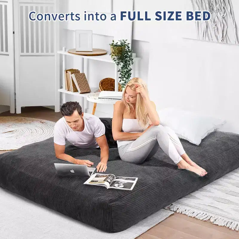 COZONY Lit convertible en pouf, canapé-lit de sol 2-en-1 en velours côtelé et matelas d'appoint avec housse amovible