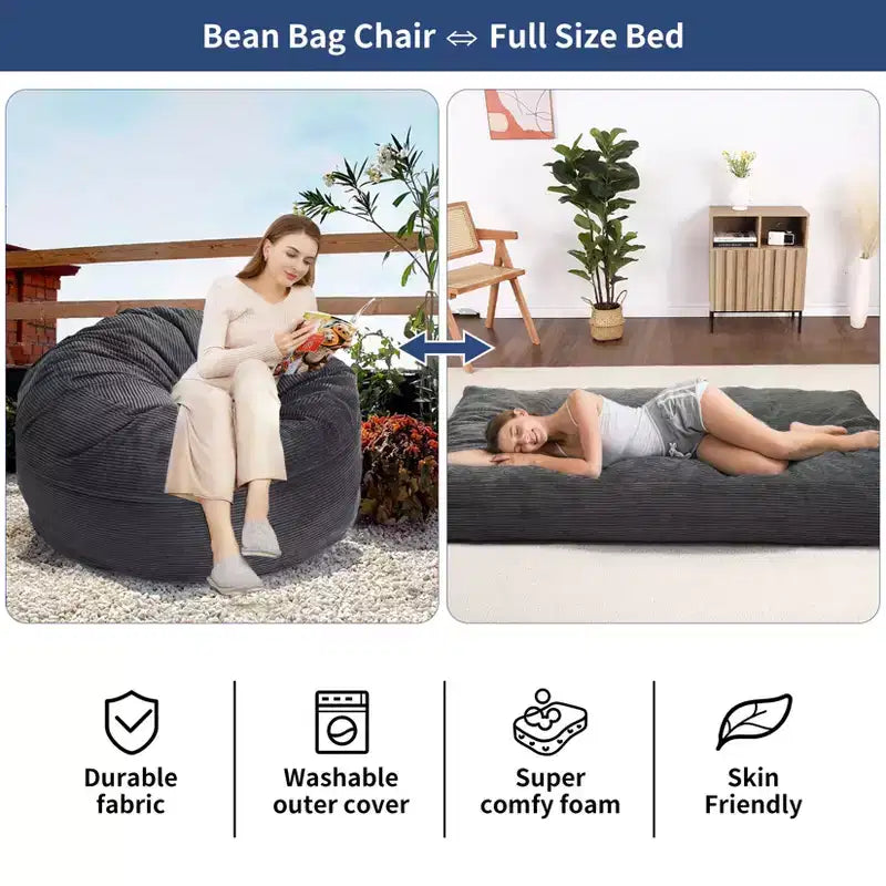 COZONY Lit convertible en pouf, canapé-lit de sol 2-en-1 en velours côtelé et matelas d'appoint avec housse amovible