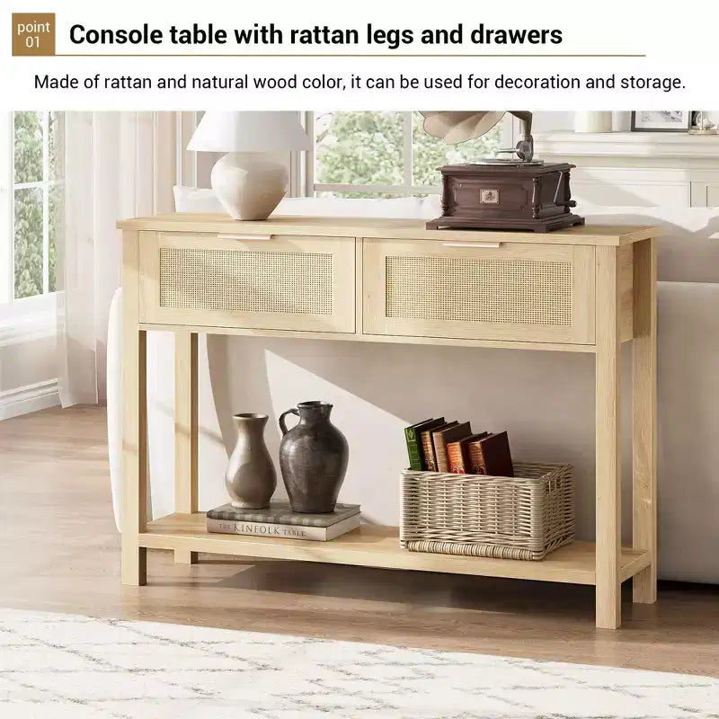 Table console en rotin de style ferme, 109 cm, 2 tiroirs et étagère ouverte, table de canapé étroite pour entrée, salon, couloir, foyer