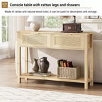 Table console en rotin de style ferme, 109 cm, 2 tiroirs et étagère ouverte, table de canapé étroite pour entrée, salon, couloir, foyer