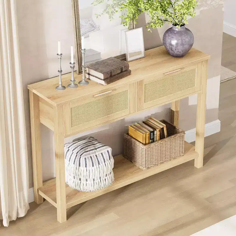Table console en rotin de style ferme, 109 cm, 2 tiroirs et étagère ouverte, table de canapé étroite pour entrée, salon, couloir, foyer