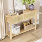 Table console en rotin de style ferme, 109 cm, 2 tiroirs et étagère ouverte, table de canapé étroite pour entrée, salon, couloir, foyer