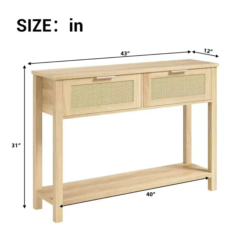 Table console en rotin de style ferme, 109 cm, 2 tiroirs et étagère ouverte, table de canapé étroite pour entrée, salon, couloir, foyer