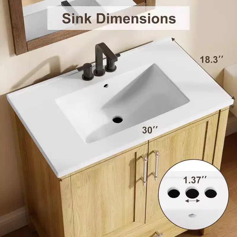 Meuble-lavabo de salle de bain de 76 cm avec évier et portes à fermeture douce - Meuble de rangement autoportant en bois naturel