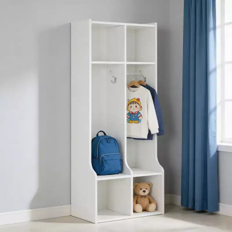 GustoWave Vestiaire enfant à 2 sections, 4 compartiments et 4 crochets, Organisateur de rangement durable pour la maison, la salle d'étude, la crèche ou le jardin d'enfants, Accès facile