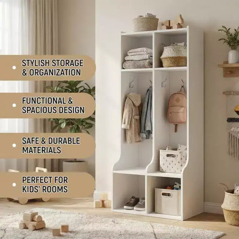 GustoWave Vestiaire enfant à 2 sections, 4 compartiments et 4 crochets, Organisateur de rangement durable pour la maison, la salle d'étude, la crèche ou le jardin d'enfants, Accès facile