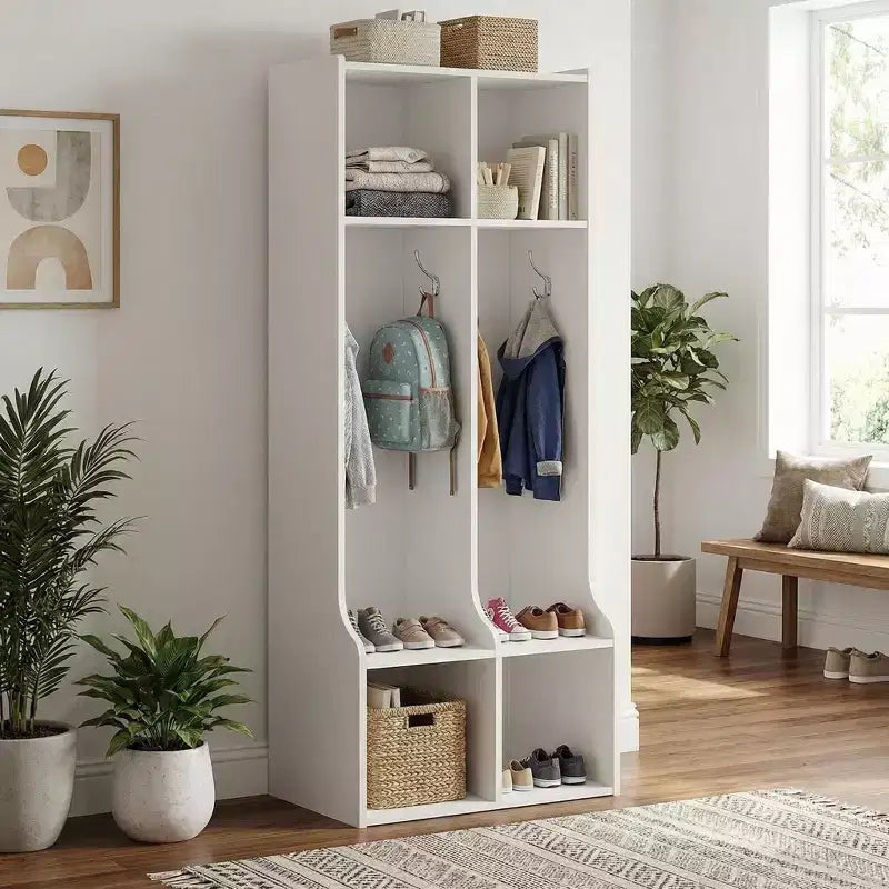 GustoWave Vestiaire enfant à 2 sections, 4 compartiments et 4 crochets, Organisateur de rangement durable pour la maison, la salle d'étude, la crèche ou le jardin d'enfants, Accès facile