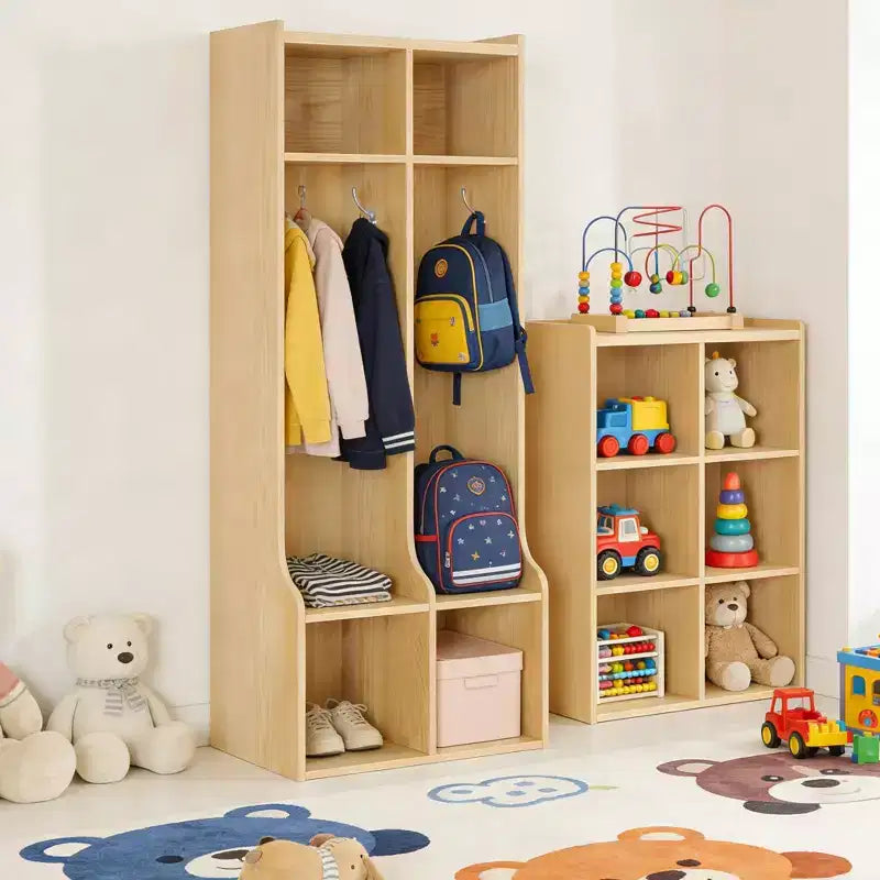 GustoWave Vestiaire enfant à 2 sections, 4 compartiments et 4 crochets, Organisateur de rangement durable pour la maison, la salle d'étude, la crèche ou le jardin d'enfants, Accès facile