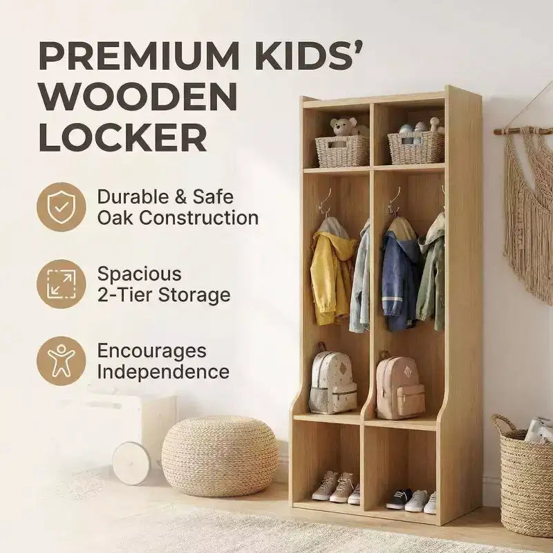 GustoWave Vestiaire enfant à 2 sections, 4 compartiments et 4 crochets, Organisateur de rangement durable pour la maison, la salle d'étude, la crèche ou le jardin d'enfants, Accès facile