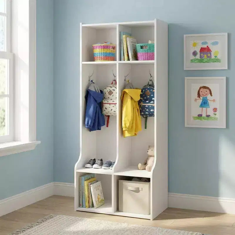 GustoWave Vestiaire enfant à 2 sections, 4 compartiments et 4 crochets, Organisateur de rangement durable pour la maison, la salle d'étude, la crèche ou le jardin d'enfants, Accès facile