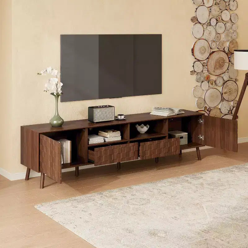 Meuble TV GDFStudio Lilia 78 moderne, motif géométrique, avec tiroirs et passe-câbles