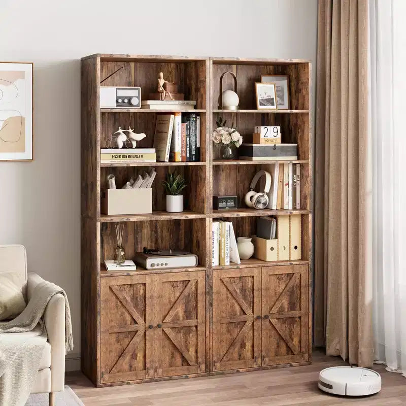 Étagère rustique marron rétro 71,4 pouces de haut, lot de 2, bibliothèque industrielle à 6 niveaux avec portes de grange pour salon/chambre/bureau