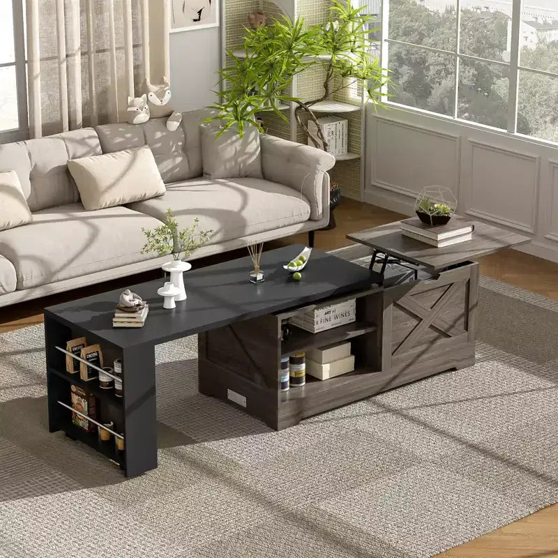 Table basse élévatrice de 47'', table centrale rectangulaire en bois avec rangement caché, table de cocktail extensible pour salon, chambre, bureau