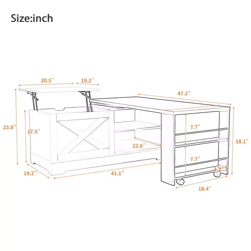 Table basse élévatrice de 47'', table centrale rectangulaire en bois avec rangement caché, table de cocktail extensible pour salon, chambre, bureau