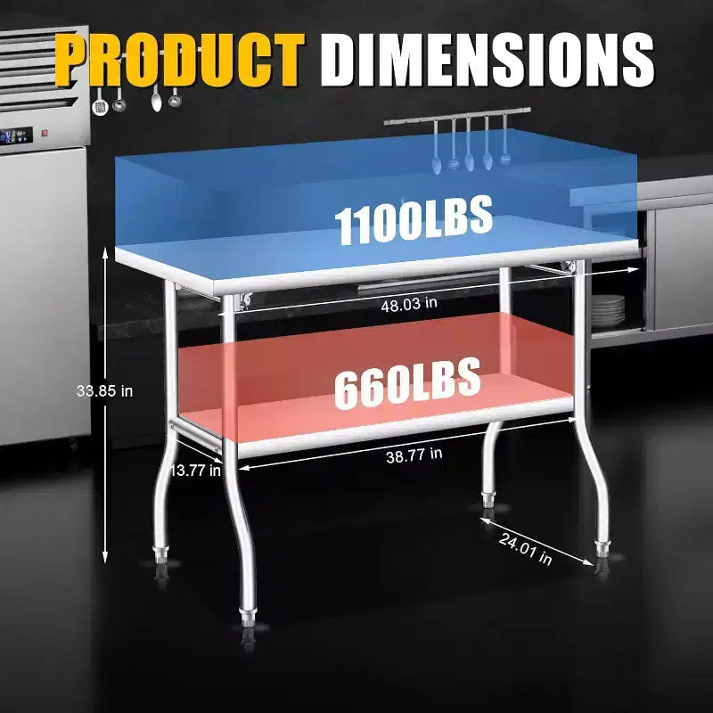Table pliante robuste en acier inoxydable - Capacité de 180 kg - Portable, aucun assemblage requis - Table de préparation/travail pour cuisine, buanderie, restaurant, camping