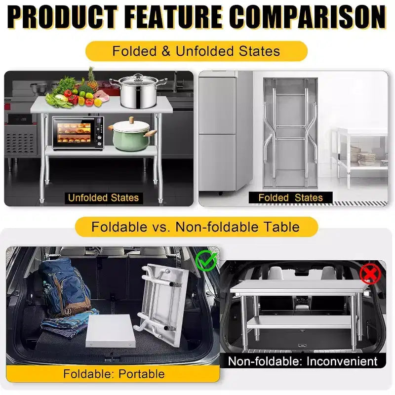 Table pliante robuste en acier inoxydable - Capacité de 180 kg - Portable, aucun assemblage requis - Table de préparation/travail pour cuisine, buanderie, restaurant, camping