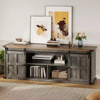 Meuble TV de ferme pour téléviseurs de 75 pouces avec prise de courant, long meuble de rangement avec portes coulissantes de grange pour salon, chambre, noir et blanc