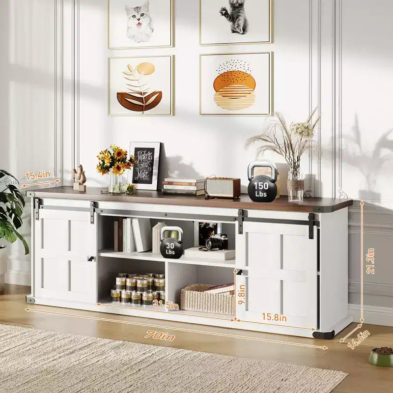 Meuble TV de ferme pour téléviseurs de 75 pouces avec prise de courant, long meuble de rangement avec portes coulissantes de grange pour salon, chambre, noir et blanc