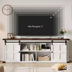 Meuble TV de ferme pour téléviseurs de 75 pouces avec prise de courant, long meuble de rangement avec portes coulissantes de grange pour salon, chambre, noir et blanc