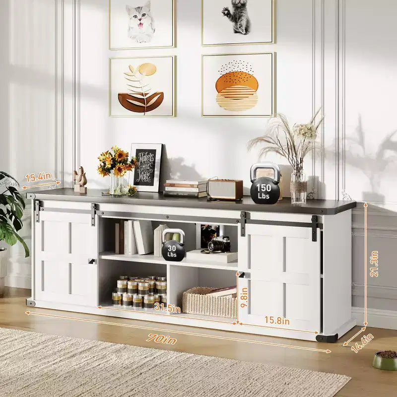 Meuble TV de ferme pour téléviseurs de 75 pouces avec prise de courant, long meuble de rangement avec portes coulissantes de grange pour salon, chambre, noir et blanc