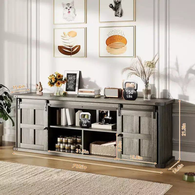 Meuble TV de ferme pour téléviseurs de 75 pouces avec prise de courant, long meuble de rangement avec portes coulissantes de grange pour salon, chambre, noir et blanc