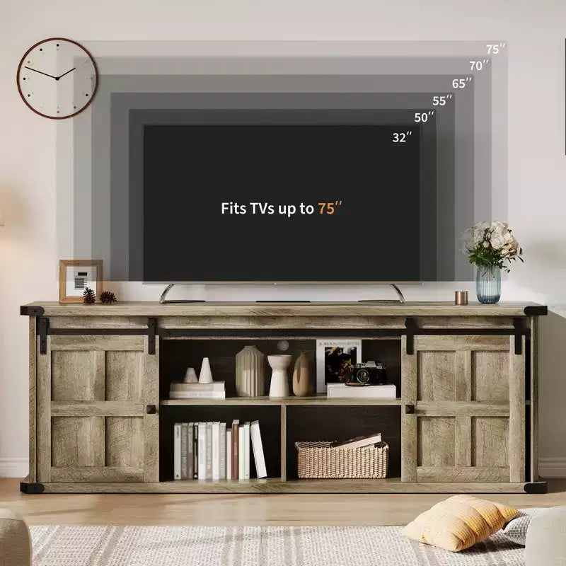 Meuble TV de ferme pour téléviseurs de 75 pouces avec prise de courant, long meuble de rangement avec portes coulissantes de grange pour salon, chambre, noir et blanc