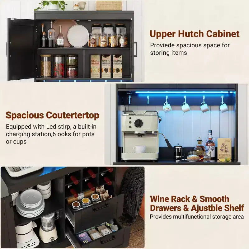 Besiost Meuble de cuisine avec station de recharge, meuble bar à café et à vin