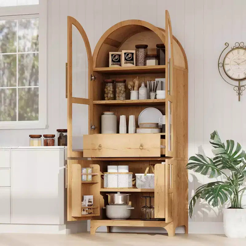 Meuble de cuisine autoportant de 180 cm de haut avec porte vitrée, armoire de rangement pour garde-manger, meuble de bar à café pour cuisine, salle à manger