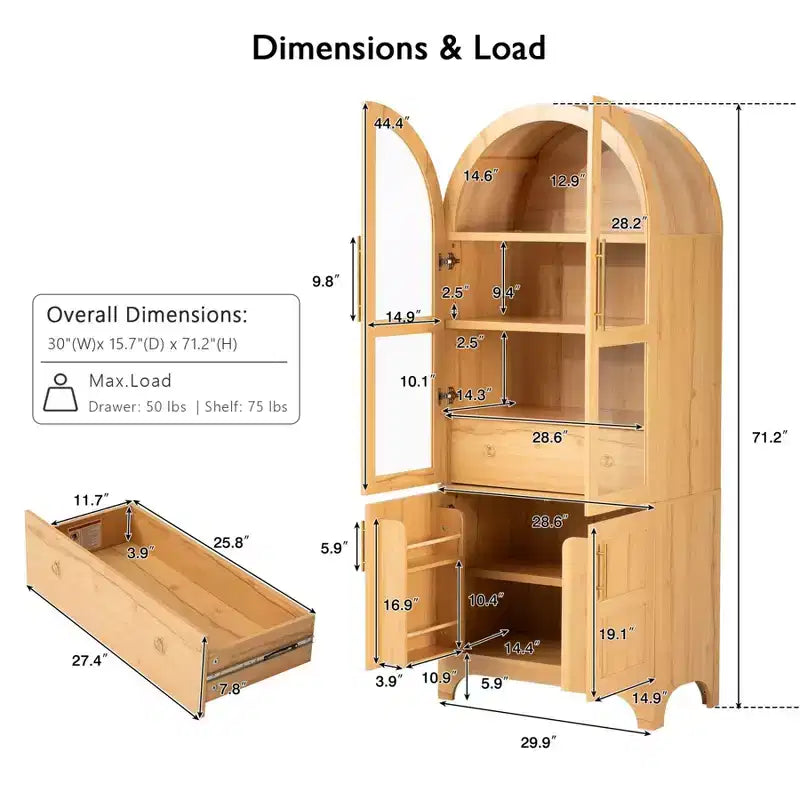 Meuble de cuisine autoportant de 180 cm de haut avec porte vitrée, armoire de rangement pour garde-manger, meuble de bar à café pour cuisine, salle à manger