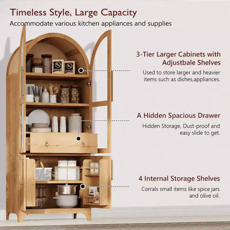 Meuble de cuisine autoportant de 180 cm de haut avec porte vitrée, armoire de rangement pour garde-manger, meuble de bar à café pour cuisine, salle à manger