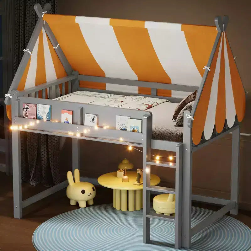 Lit mezzanine Luxystar avec baldaquin rayé bicolore, étagère à livres et escalier