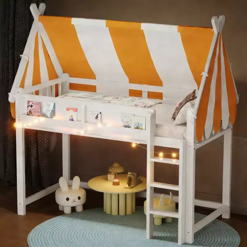 Lit mezzanine Luxystar avec baldaquin rayé bicolore, étagère à livres et escalier