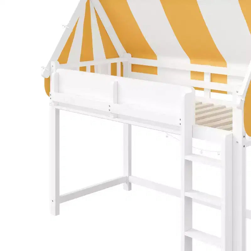 Lit mezzanine Luxystar avec baldaquin rayé bicolore, étagère à livres et escalier