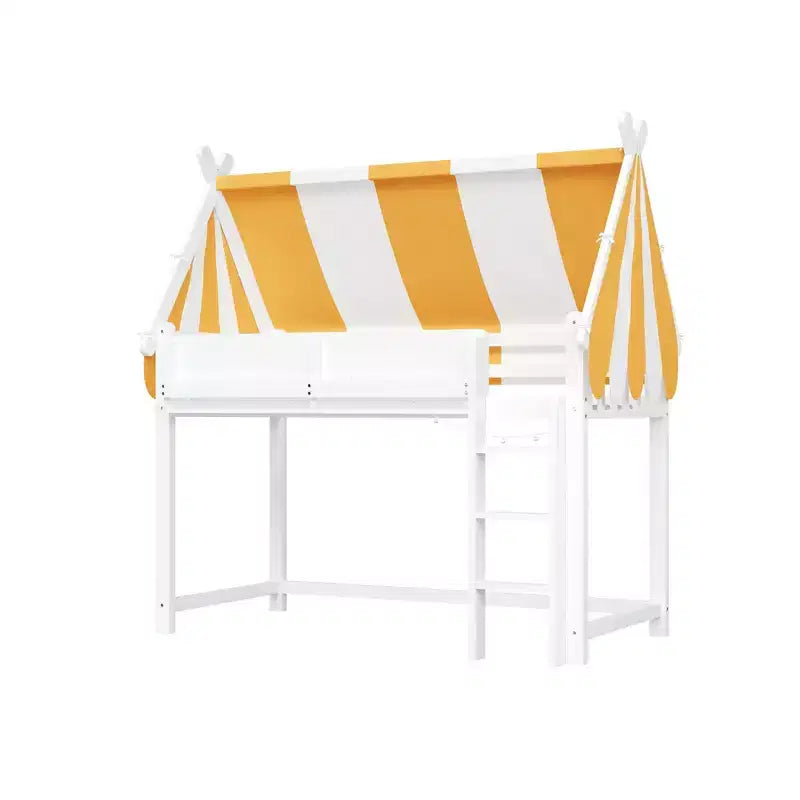 Lit mezzanine Luxystar avec baldaquin rayé bicolore, étagère à livres et escalier