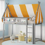 Luxystar Loft Bed with 2-Color Striped Canopy, Book Shelf and Stair