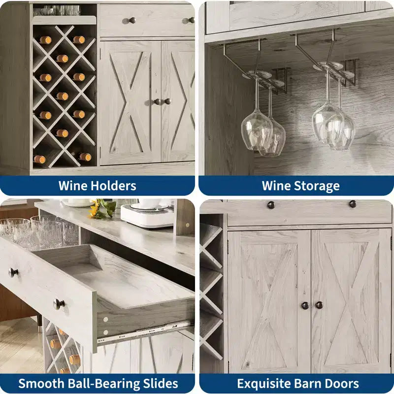 Meuble de Bar à Vin avec Prises de Courant, Armoire de Rangement, Porte-Bouteilles, Buffet de Rangement, Étagère à Micro-Ondes pour Cuisine, Salle à Manger, Salon