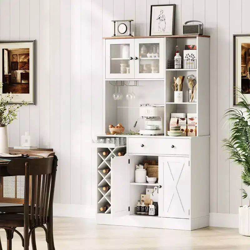 Meuble de Bar à Vin avec Prises de Courant, Armoire de Rangement, Porte-Bouteilles, Buffet de Rangement, Étagère à Micro-Ondes pour Cuisine, Salle à Manger, Salon