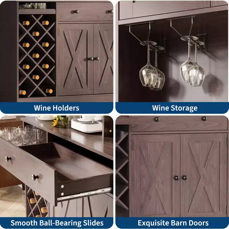 Meuble de Bar à Vin avec Prises de Courant, Armoire de Rangement, Porte-Bouteilles, Buffet de Rangement, Étagère à Micro-Ondes pour Cuisine, Salle à Manger, Salon